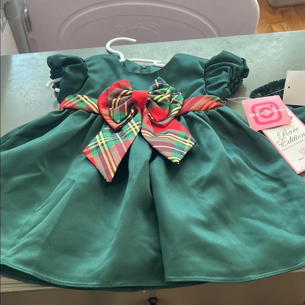 Rare Editions Emerald Dress with Plaid Bow